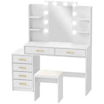 HOMCOM Masa de machiaj cu oglinda iluminata si taburet tapitat, set de machiaj cu 6 sertare si rafturi, Alb | Aosom Romania imagine