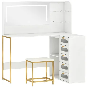 HOMCOM Masa de machiaj cu oglinda, lumini LED, taburet, 5 sertare, 2 compartimente si 2 rafturi din sticla, alb | Aosom Romania imagine