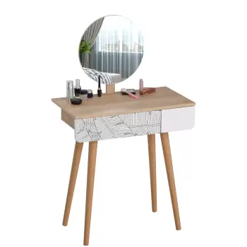 HOMCOM Masa de Machiaj cu Oglinda Rotunda ?39cm si Sertar cu Ornamente Jungle, Alb si Stejar, 70x39x120cm imagine