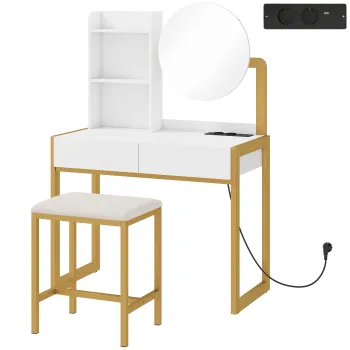 HOMCOM Masa de machiaj cu oglinda si taburet, statie de incarcare, masa de machiaj cu 2 sertare, 3 rafturi deschise, alb | Aosom Romania imagine