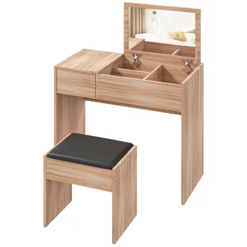 HOMCOM Masa de machiaj cu taburet Masa de machiaj cu oglinda capac rabatabil si compartimente 80x40x79 cm si 40x30x40 cm | Aosom Romania imagine