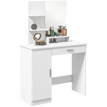 HOMCOM Masa de Machiaj cu Usa, Sertar, Oglinda si Rafturi Deschise, 90x38x138 cm, Alb imagine