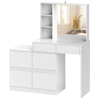 HOMCOM Masa de machiaj, masa pentru machiaj cu oglinda mare, 4 sertare, 3 compartimente deschise, 2 dulapuri, MDF, Alb | Aosom Romania imagine