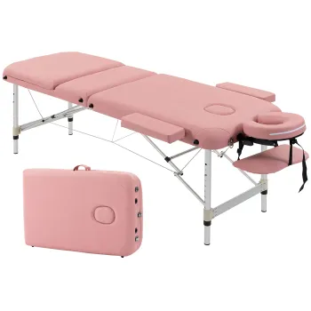 HOMCOM Masa de masaj pliabila din aluminiu cu inaltime reglabila, 3 zone, perna pentru cap detasabila, geanta de transport, roz | Aosom Romania imagine