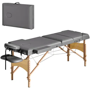 HOMCOM Masa de Masaj Pliabila din Lemn de 3 Zone cu Inaltime Spatar Suport pentru Cap Ajustabile Brate 215x60x64-89 cm Gri | Aosom Romania imagine