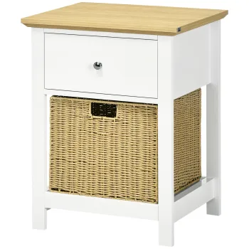 HOMCOM Masa de Noapte cu Sertar si Cos din Rachita Pliabil Masa Auxiliara pentru Sufragerie Dormitor 49x39x64 cm Alb si Natural | Aosom Romania imagine