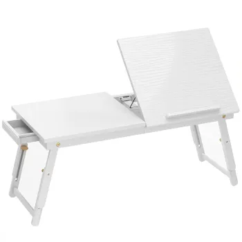HOMCOM Masa de pat pliabila si reglabila, blat pentru laptop din bambus cu inclinare 83,5x33x34cm alb | Aosom Romania imagine