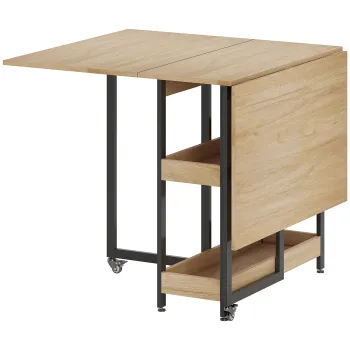 HOMCOM Masa de sufragerie pliabila pe roti 4 persoane cu compartimente deschise, pentru spatii mici, sufragerie, stejar | Aosom Romania imagine