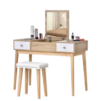HOMCOM Masa de toaleta cu oglinda glisanta scaun tapitat 2 sertare 5 compartimente de depozitare pentru casa culoarea lemnului imagine