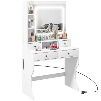 HOMCOM Masa de Toaleta cu Oglinda Iluminata LED, Masa de Machiaj cu Statie de Incarcare, 4 sertare si rafturi de depozitare, 90x45x160 cm, Alb imagine