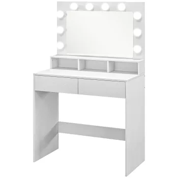 HOMCOM Masa de toaleta cu oglinda iluminata, sertare, 3 optiuni de lumina, 10 becuri, masa de machiaj moderna in alb | Aosom Romania imagine