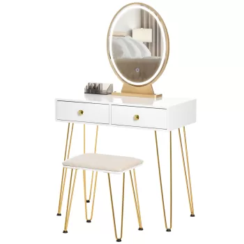 HOMCOM Masa de toaleta cu Oglinda Lumini tip LED in Stil Industrial, Masa de Machiaj cu Taburet, Mobilier de Toaleta cu Comutator Tactil, Alb imagine