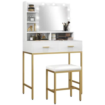 HOMCOM Masa de Toaleta cu Oglinda Luminoasa LED, 2 Sertare, 5 Rafturi si Scaun, Masa de Toaleta, 80x40x138 cm, Alb imagine
