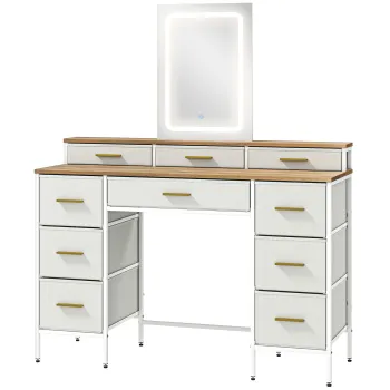 HOMCOM Masa de toaleta cu oglinda si lumini LED 3 culori, masa de machiaj 10 sertare din material textil, 118,5 x 39,5 x 140 cm natural | Aosom Romania imagine