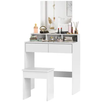 HOMCOM Masa de Toaleta cu Taburet, Masa de Machiaj cu Oglinda, 3 Rafturi, 2 Sertare, din Lemn, 75x38x135 cm, Alb | Aosom Romania imagine