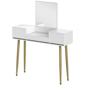 HOMCOM Masa de toaleta eleganta cu oglinda patrata si sertare organizatoare 105,5x30x130,5 cm Alb si Auriu | Aosom Romania imagine