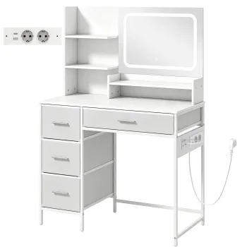 HOMCOM Masa de Toaleta Machiaj cu Oglinda LED 3 Culori, 4 Sertare si 5 Rafturi Deschise, 88x40x130 cm, Alb | Aosom Romania imagine