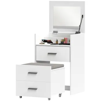 HOMCOM Masa de Toaleta/Machiaj cu Oglinda Rabatabila, Taburet cu Perna Detasabila si Lavabila, 50x41,5x75 cm, Alb | Aosom Romania imagine