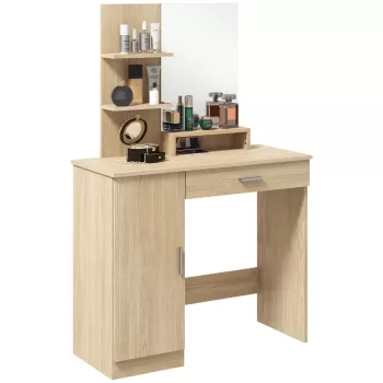 HOMCOM Masa de Toaleta, Masa de Machiaj, Birou de Machiaj cu Oglinda, Sertar si Rafturi de Depozitare pentru Dormitor, Efect Lemn de Artar | Aosom RO imagine