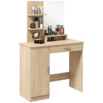 HOMCOM Masa de Toaleta, Masa de Machiaj, Birou de Machiaj cu Oglinda, Sertar si Rafturi de Depozitare pentru Dormitor, Efect Lemn de Artar | Aosom RO imagine