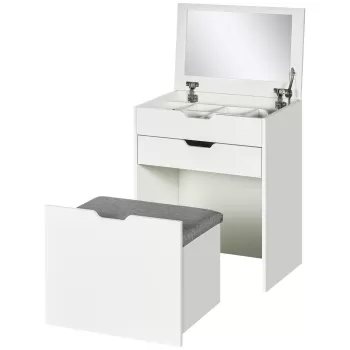 HOMCOM Masa de toaleta pentru dormitor cu oglinda si scaun asortat, masa de machiaj cu compartiment ascuns si sertar din lemn, alb | AOSOM RO imagine