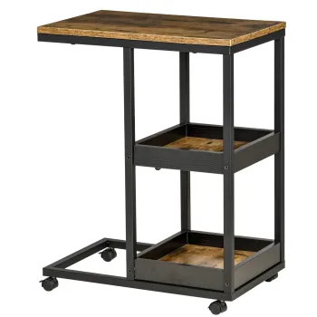 HOMCOM Masa laterala cu roti pentru canapea sau pat, Stil industrial, Otel si MDF, Maro si Negru | Aosom Romania imagine