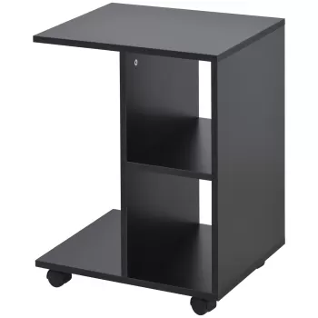 HOMCOM Masa laterala in forma de C cu 2 rafturi deschise si 4 roti pivotante, PAL, 45x35x58cm, negru | AOSOM RO imagine
