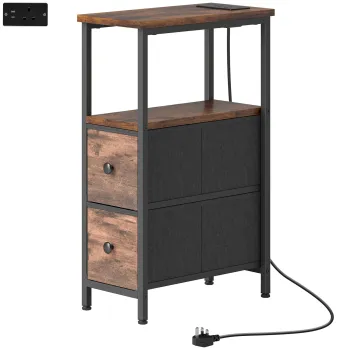 HOMCOM Masa laterala/masa de cafea cu statie de incarcare, cadru din otel, 2 sertare textile, compartiment deschis, 20cm x 40cm x 63cm, Maro rustic | Aosom Romania imagine