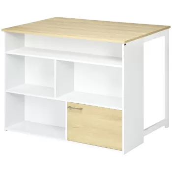 HOMCOM Masa pentru Bar Moderna si Extensibila din MDF pentru 2 Persoane cu 4 Rafturi deschise si Dulapior, 116x79.5x91 cm, Alb si Lemn natur imagine