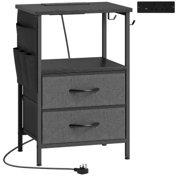 HOMCOM Masa pentru canapea masa laterala cu statie de incarcare, cadru din otel, porturi USB-C, sertare, carlige, 40cm x 30cm x 60cm Negru | Aosom Romania imagine