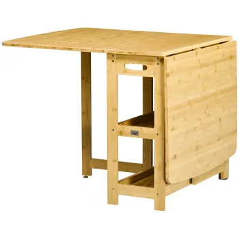 HOMCOM Masa Pliabila, Masa de Dining, doua laturi pliabile, doua rafturi, picioare reglabile, bambus, 149,5 x 80 x 73,5 cm | Aosom Romania imagine