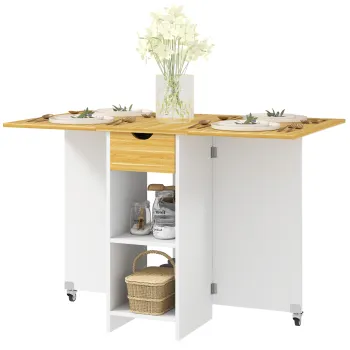 HOMCOM Masa Pliabila, Masa Rabatabila pentru 2-4 Persoane cu Sertar, 2 Rafturi si 2 Roti, 114,5x70x75 cm, Stejar | Aosom Romania imagine