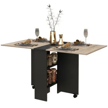 HOMCOM Masa Pliabila pentru 4-6 Persoane, cu 2 Roti, Masa Rabatabila cu 2 Rafturi pentru Depozitare, 140x75x74 cm, Negru | Aosom Romania imagine