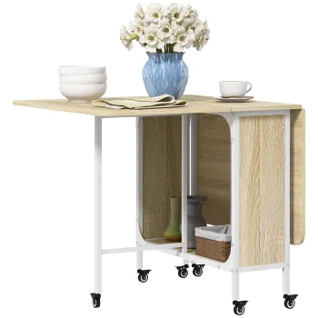 HOMCOM Masa Pliabila pentru 4-6 Persoane, Masa cu Spatiu Economic, Raft si 6 Roti, 130x80x74 cm, Lemn Natural | Aosom Romania imagine