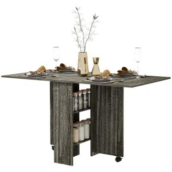 HOMCOM Masa pliabila rabatabila cu 2 rafturi pentru 6 persoane, din lemn gri | Aosom Romania imagine