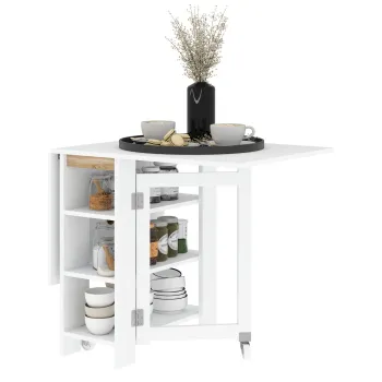 HOMCOM Masa Pliabila Rabatabila cu Roti, 2 Parti Rabatabile si Rafturi, 120x60x75 cm, Alb | Aosom Romania imagine