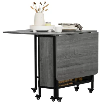HOMCOM Masa Pliabila, Rabatabila pentru 4-6 Persoane cu Raft si 6 Roti, din Lemn si Metal, 130x80x74 cm, Gri | Aosom Romania imagine