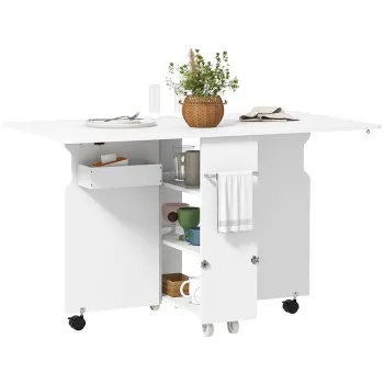 HOMCOM Masa Plianta, Masa Rulanta pentru Spatii Mici, Masa Pliabila cu Cutie de Depozitare, Rafturi pe 3 Niveluri si Suport, 130x80x76.5 cm, Alb imagine