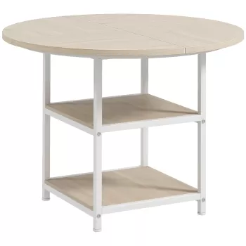 HOMCOM Masa Rotunda de Luat Masa pentru 4-6 Persoane, Masa de Bucatarie Industriala de 100cm cu Rafturi de Depozitare, Stejar | Aosom RO imagine