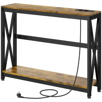 HOMCOM Masa Subtire de Consola, Masa Industriala cu Doua Nivele, Masa de Canapea Ingusta cu Cadru X din Otel, 100x24x75 cm, Maro imagine