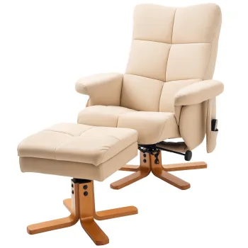 HOMCOM Massagesessel cu Hocker, Scaun de relaxare electric rotativ la 360? cu functie de intindere si spatiu de depozitare, scaun TV cu buzunar lateral si telecomanda pentru sufragerie, piele ecologica, Crem | Aosom Romania imagine