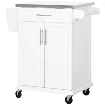 HOMCOM Masuta bucatarie cu rotile insula centrala de bucatarie cu blat din otel, raft reglabil, sertar, suport pentru condimente, alb | Aosom Romania imagine