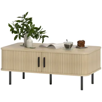 HOMCOM Masuta de Cafea cu 2 Rafturi pentru Obiecte, Usi Culisante si Masuta din Lemn si Otel, 100x55x40 cm, Lemn Natural | Aosom Romania imagine