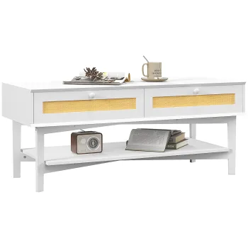 HOMCOM Masuta de Cafea Dreptunghiulara cu 2 Sertare, Masuta de Cafea Boho Joasa din Ratan si Lemn, 120x50x50 cm, Alb si Lemn imagine