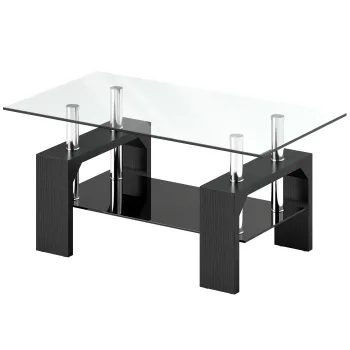 HOMCOM Masuta de Cafea Moderna cu 2 Nivele din Lemn si Otel cu Blat din Sticla Temperata, 90x50x42 cm, Negru | Aosom Romania imagine