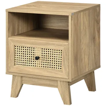 HOMCOM Masuta de noapte cu sertar, usa impletita din rattan si raft de depozitare vintage 45 x 39 x 56,5 cm | Aosom Romania imagine