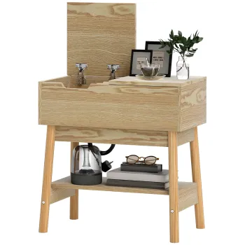 HOMCOM Masuta de Sufragerie cu 2 Prize CA, Porturi USB, Raft Rabatabil si Raft Deschis, 30x60x60,5 cm, Natural | Aosom Romania imagine