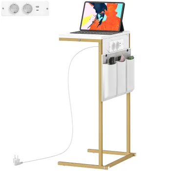 HOMCOM Masuta de Sufragerie in Forma de C cu Efect de Marmura si Porturi USB, Alba | Aosom Romania imagine