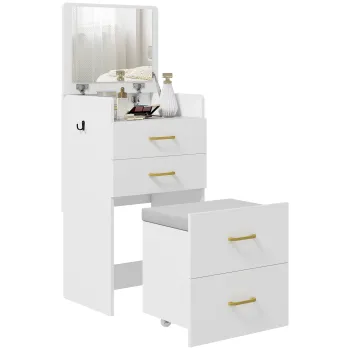 HOMCOM Masuta de Toaleta 3-in-1 cu Oglinda, Masuta de Noapte, Scaun cu Rotile, Sertare, Alb | Aosom Romania imagine