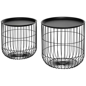 HOMCOM Masute Suprapuse, Set de 2 Mese Rotunde de Cafea cu Corp Cos din Otel cu Fire de Otel si Blat Detasabil, Mese Suprapuse pentru Camera de Zi, Negru imagine